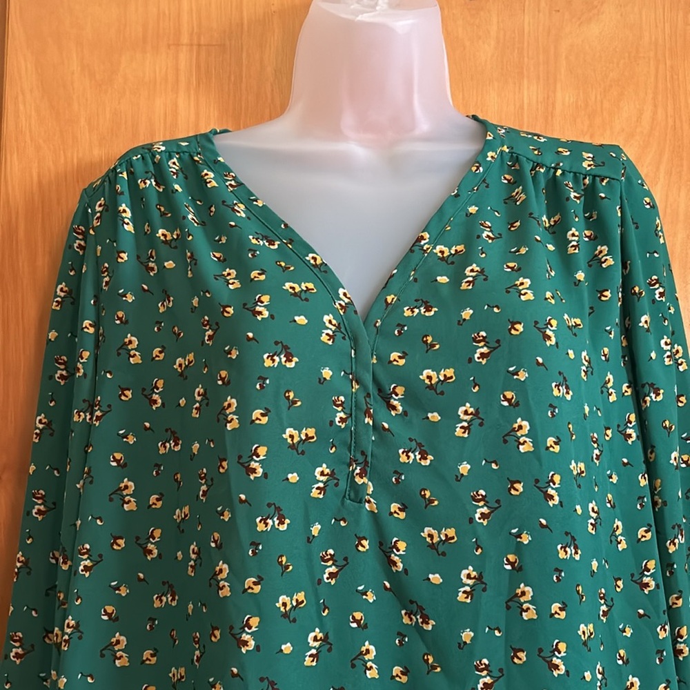 Pleione Green Floral V-Neck Long Sleeve Blouse - Picture 3 of 5